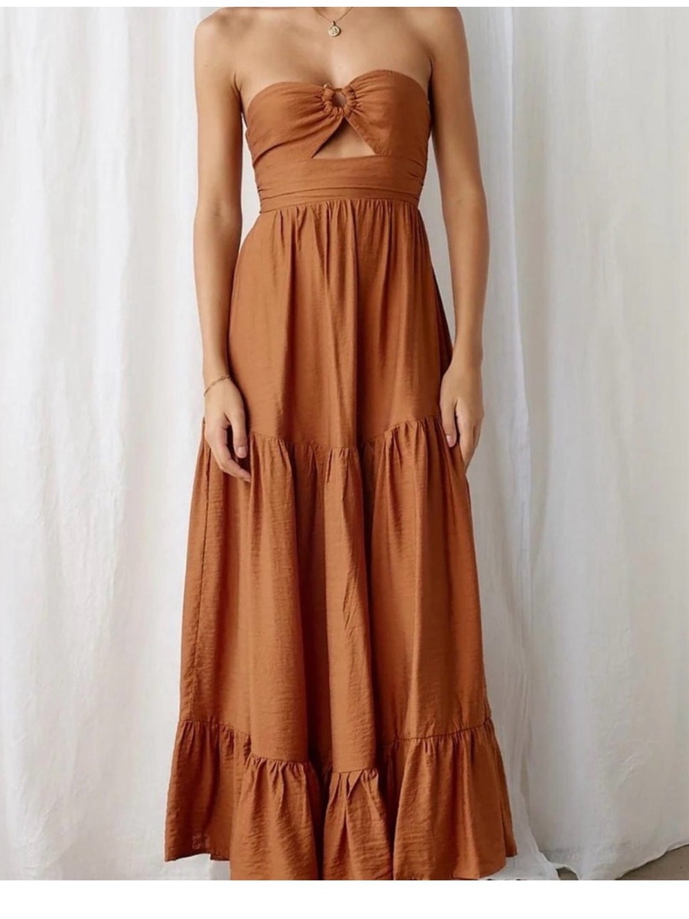 Fortunate One Strapless Knot Front Tiered Maxi Dress - Rust